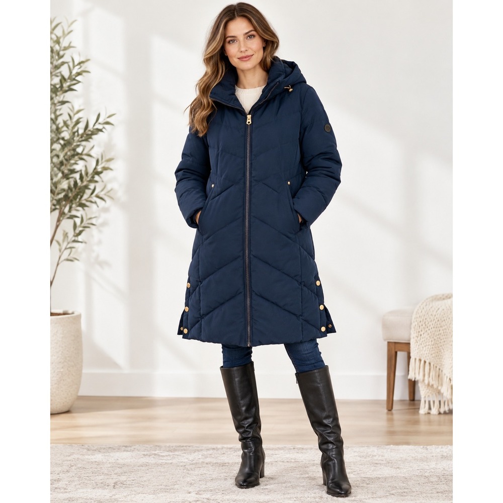 FRENCH CONNECTION Navy Blue Hooded Puffer Parka Jacket Chevron Coat XL